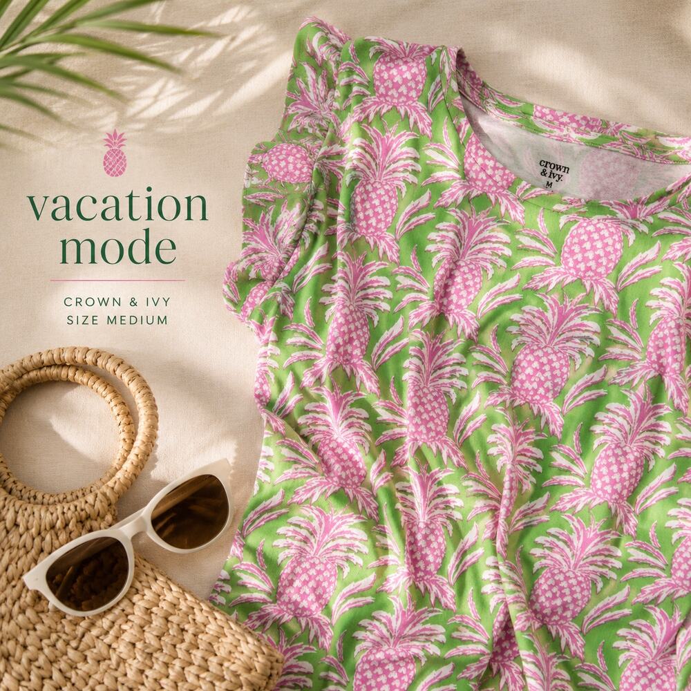 Crown & Ivy Pineapple Print Top Medium Pink Green Tropical Shirt